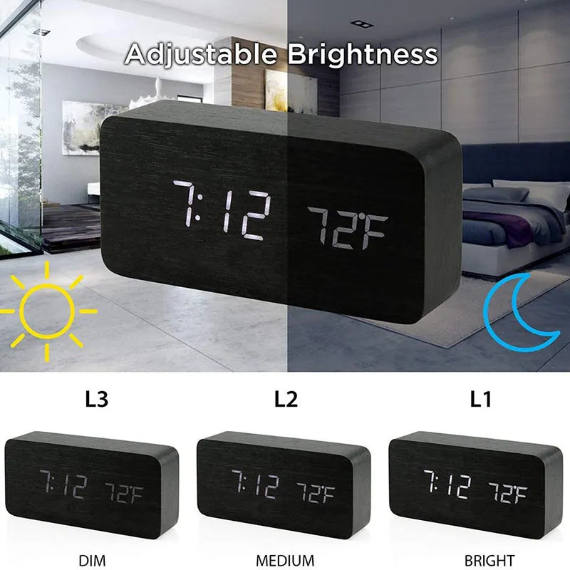 Wooden LED Digital Alarm Clock: Stylish Desk & Bedside Clock with Temperature Display
