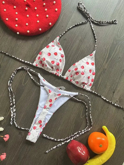 Women’s Cherry Print Bikini Set – Brazilian Thong Two-Piece Swimwear, Sexy Beach Bathing Suit