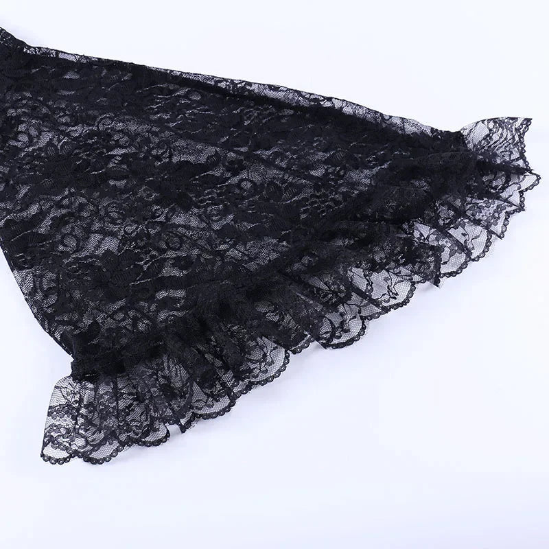 Lace Gothic See-Through Shrug Top – Black Flare Sleeve Crop Top, Vintage Punk Style for Women