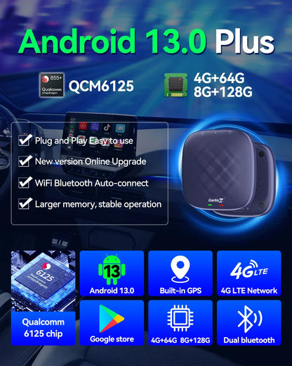 CarlinKit Android 13 AI TV Box – 8-Core Wireless CarPlay & Android Auto with Split Screen, 64G/128G for Netflix, YouTube, Play Store