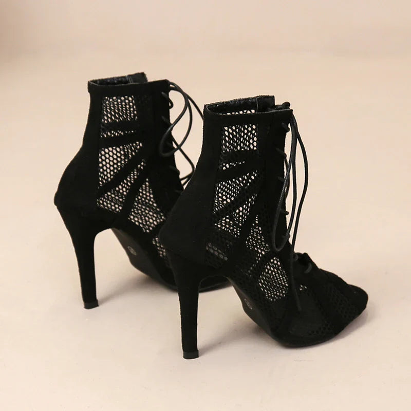 Sexy High Heel Mesh Sandals – Women's Summer Peep Toe, Cross-Tied Ankle Strap Dance Shoes, Black Hollow Design