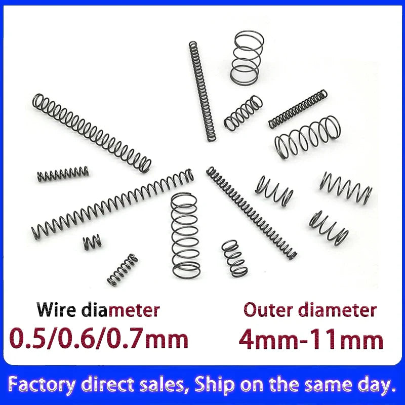 0.5mm/0.6mm/0.7mm Micro Compression Springs – Spring Steel Wire, 4–11mm OD & 5–50mm Length, Customizable