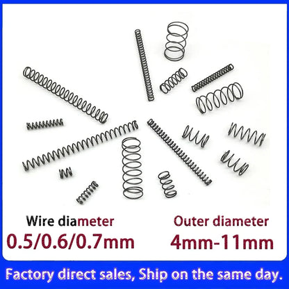 0.5mm/0.6mm/0.7mm Micro Compression Springs – Spring Steel Wire, 4–11mm OD & 5–50mm Length, Customizable
