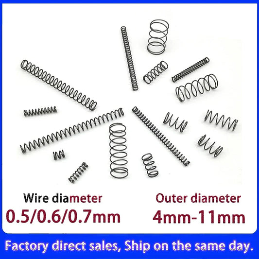 0.5mm/0.6mm/0.7mm Micro Compression Springs – Spring Steel Wire, 4–11mm OD & 5–50mm Length, Customizable