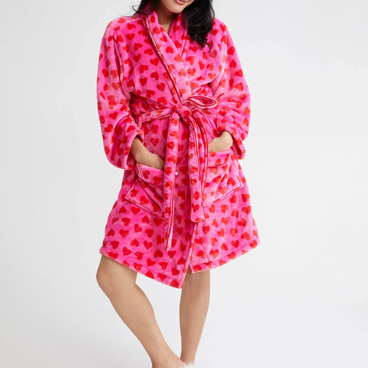 Women's Warm Flannel Bathrobe - Plush Winter Sleepwear with Heart & Stripe Print