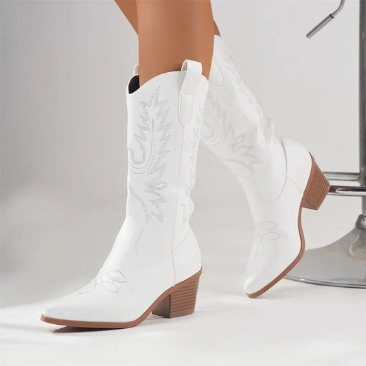 Plus Size 43 Women’s White Cowboy Boots – High-Quality Mid-Calf Block Heel Western Vintage Country Concert Shoes