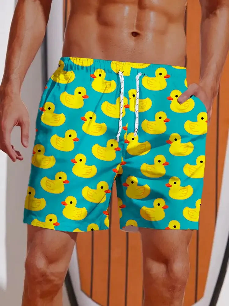 Men's Yellow Duck Hawaiian Swim Shorts - 3D Print Breathable Elastic Waist Summer Trunks