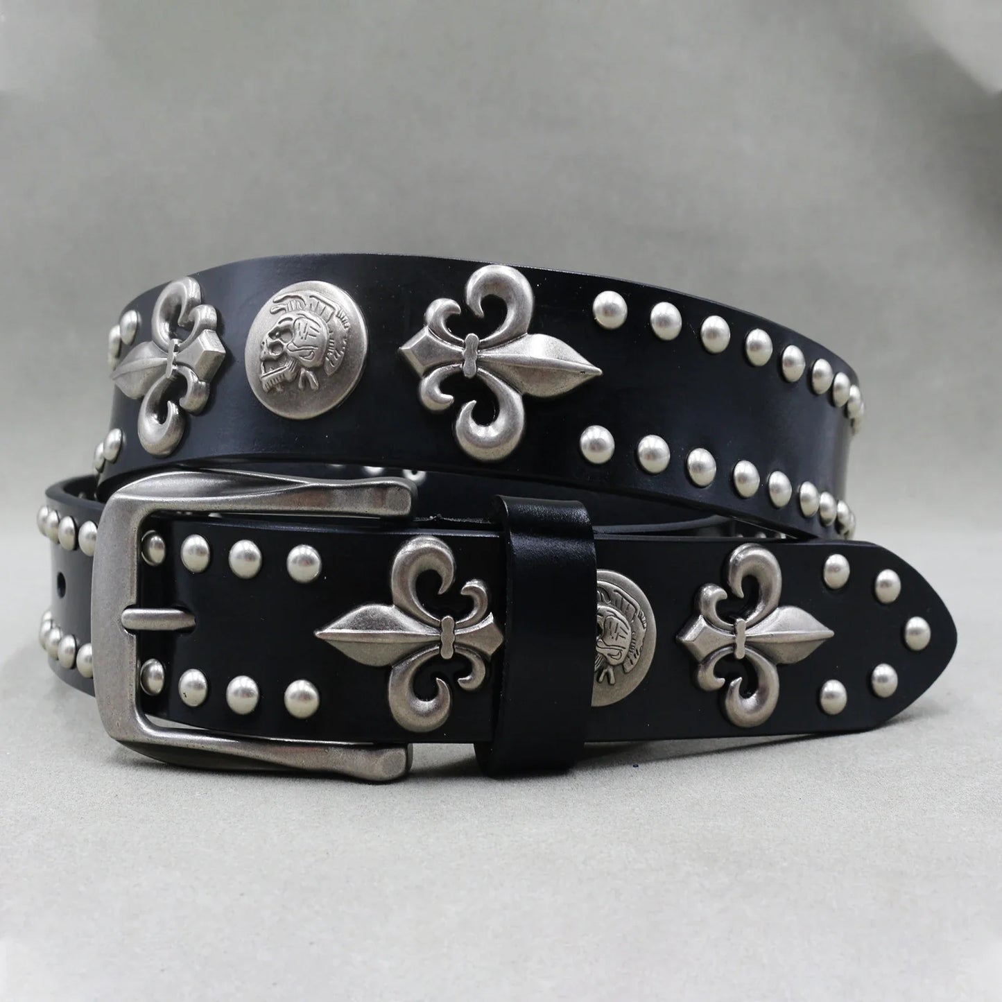 Men’s Designer Rivet Belt – Genuine Cowhide Leather Punk Rock Pin Belt for Jeans, Luxury Black Leather Belt