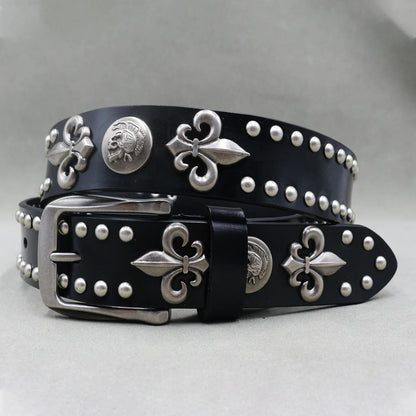 Men’s Designer Rivet Belt – Genuine Cowhide Leather Punk Rock Pin Belt for Jeans, Luxury Black Leather Belt