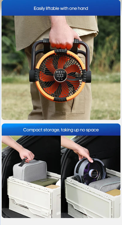 KINSCOTER 6-in-1 Portable Camping Fan — 20000mAh Rechargeable Outdoor Fan with 4 Speeds, Hook & LED Light