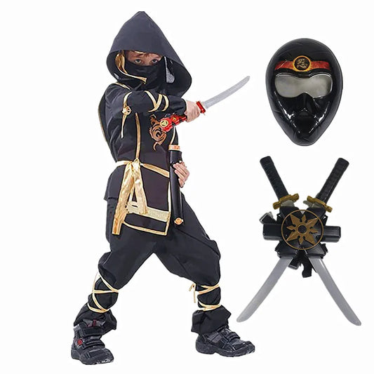 Kids Black Ninja Costume Set — Anime Samurai Outfit with Mask & Fighting Toy for Holidays & Gifts