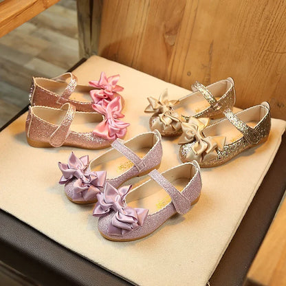 Girls Glitter Bow Flats - Princess Leather Dress Shoes for Toddlers & Kids, Dance Party Footwear