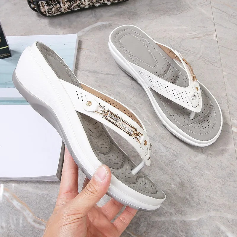 Women’s Metal Button Wedge Slides - Summer Platform Beach Sandals