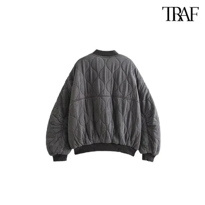 TRAF Women’s Quilted Aviator Jacket – Solid Color Round Collar Long Sleeve Casual Coat