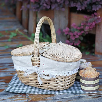 Handmade Wicker Picnic Basket with Handle – Multi-Purpose Willow Woven Storage Hamper for Outdoor Camping and Fruit