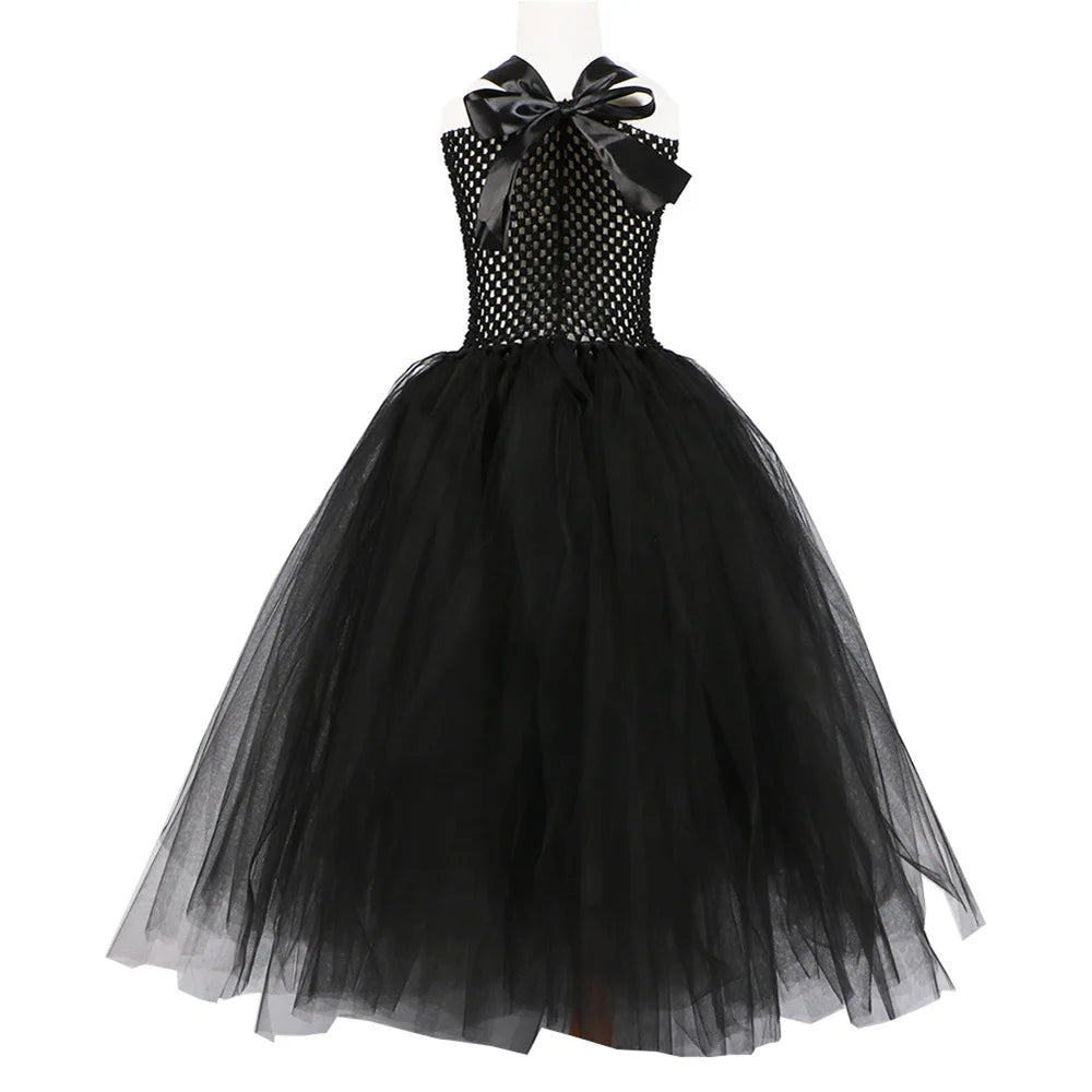 Girls’ Evil Queen Tutu Dress - Handmade Black Mesh Princess Halloween Cosplay Costume