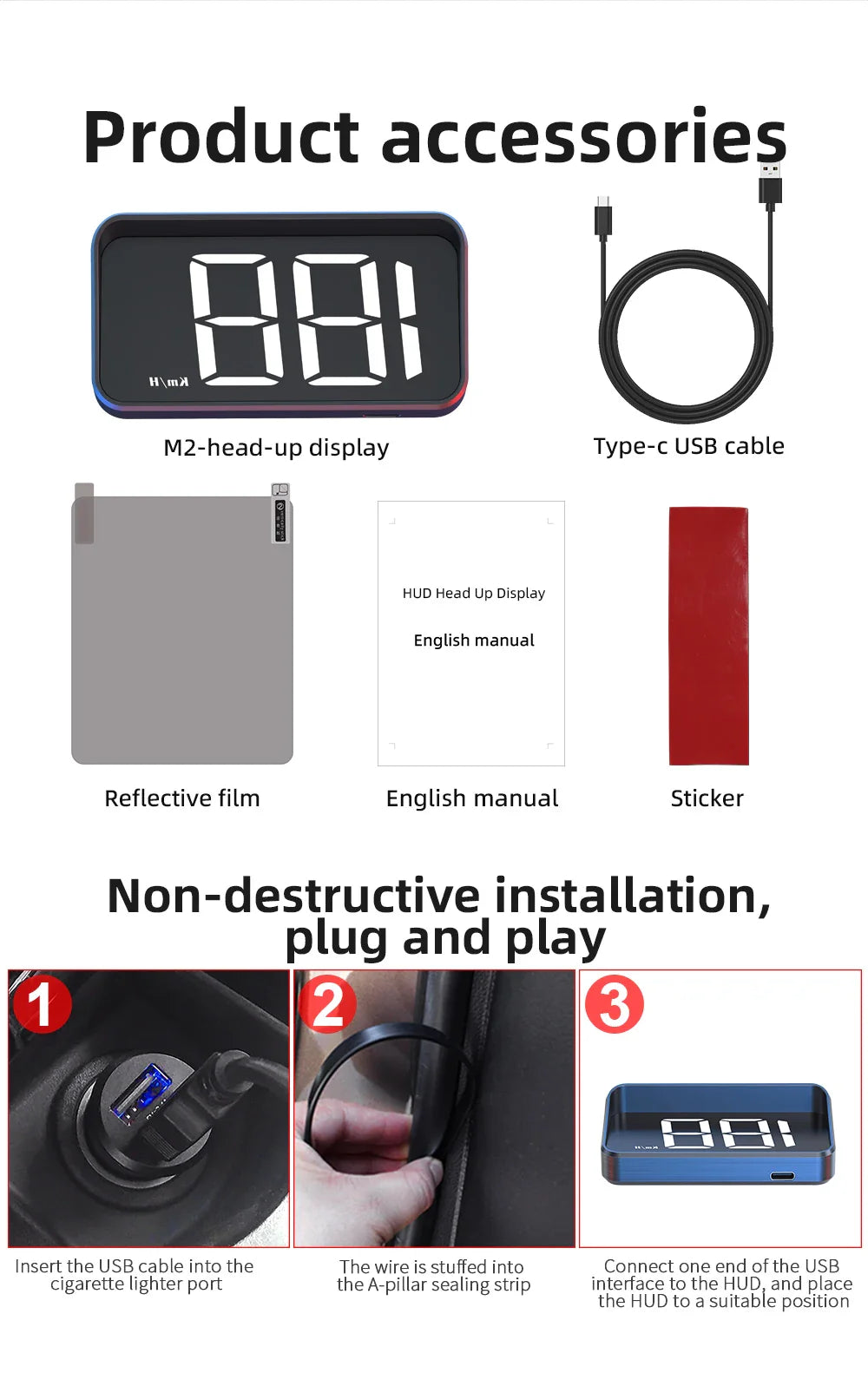 M2 Head-Up Display Digital Speedometer GPS HUD – Plug & Play Windshield Projector with Large KMH Font for All Cars