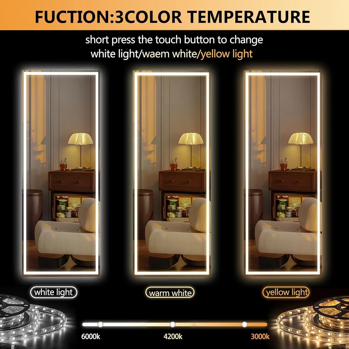 Rizzon LED Full-Length Dressing Mirror — Full-Body Floor & Wall-Mount Mirror for Bedroom, Living Room & Cloakroom