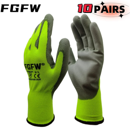 10-Pair PU Coated Work Gloves - Lightweight Durable Safety Gloves, EN 388 & ISO 20471 Certified, S–XL