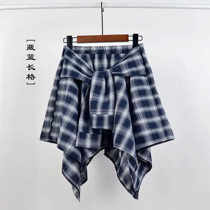 Summer Casual Retro Women’s Mini A-Line Skirt – Blue White Lattice Bow-Knot Elastic Waist Short Skirt