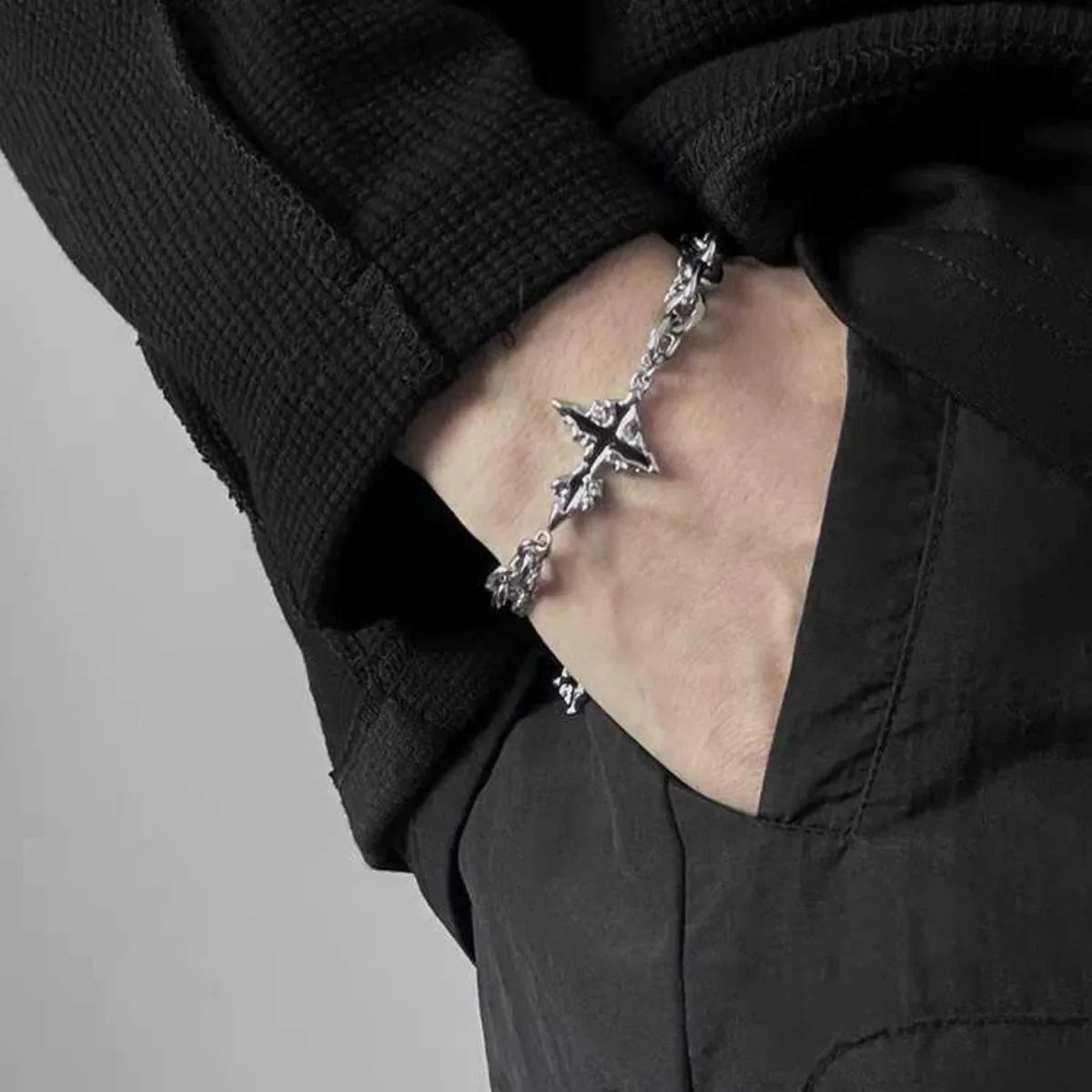Men’s Dark Cross Bracelet - Stainless Steel Punk Chain Jewelry for Parties & Everyday Wear