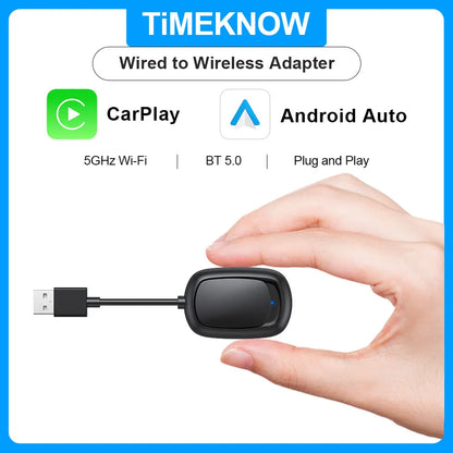 TIMEKNOW 2 in 1 Wireless CarPlay and Android Auto Mini Box – USB/Type C Dongle, Wired to Wireless Adapter