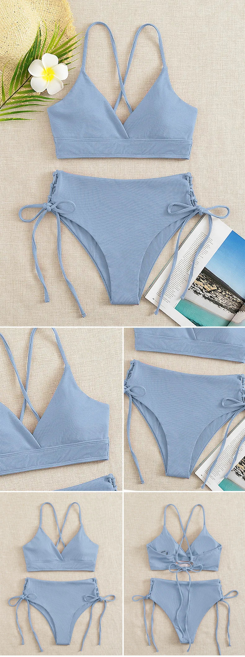 Cikini V-Neck Split Bikini Set – Sexy Lace-Up Triangular Solid Color Swimwear for Women