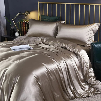 Silk Bedding Set With Duvet Cover - Luxury Satin Bed Sheet Pillowcase Set Solid Color King Queen Twin Size