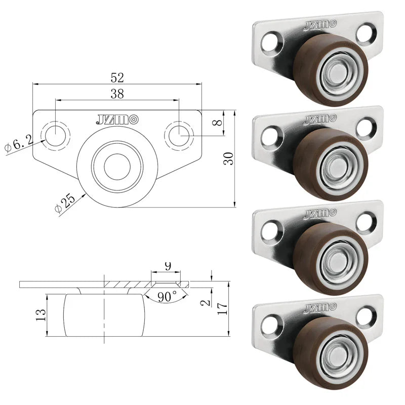 4Pcs Silent Rubber Casters | Low Profile Drawer Wheels for Furniture, Kitchen Cabinets, Tables, Side Installation Replacement