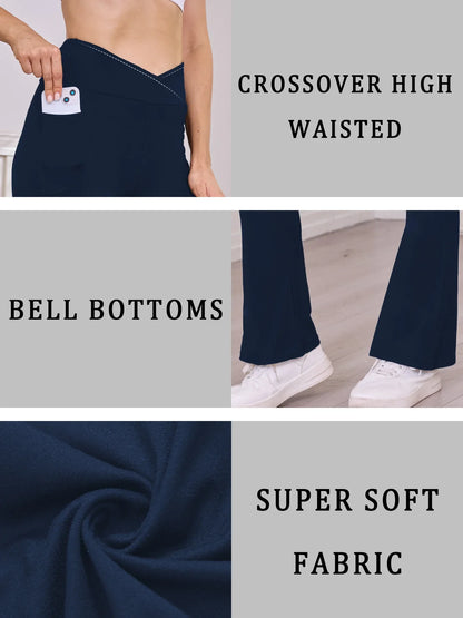 Women’s Super Soft High Waisted Flare Leggings – Crossover Waist Tummy Control Yoga Pants with Pockets Fitness Activewear