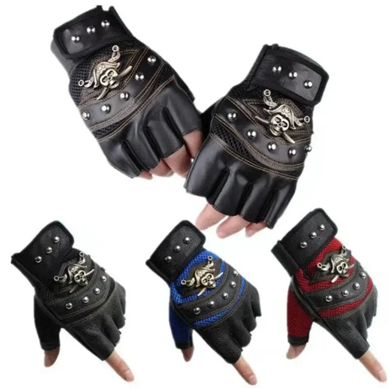 Pirate Captain PU Leather Fingerless Gloves – Skull Rivet Half Finger Mitts for Men & Women, Hip Hop, Gym & Moto Style Gloves
