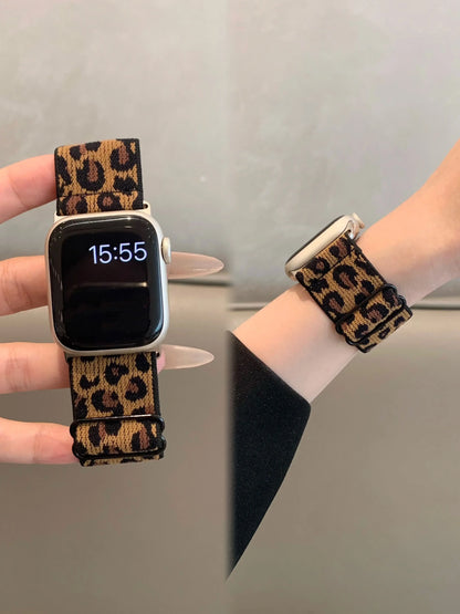 Leopard Print Stretchy Nylon Watch Band for Apple Watch — Adjustable Strap for Series 7/6/5/4/3/SE
