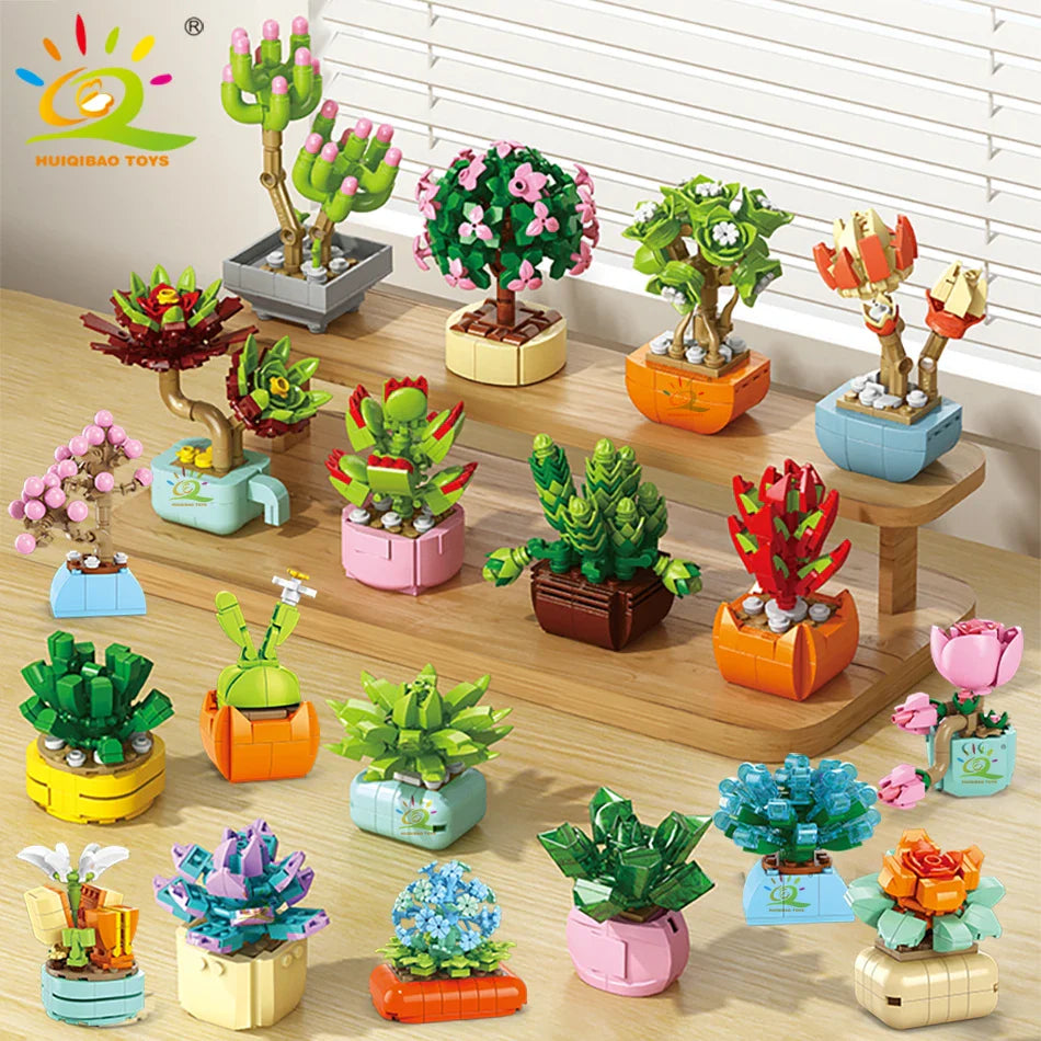HUIQIBAO MOC Flower & Succulent Potted Building Block Set – DIY Eternal Bouquet, Home Desk Plant Decor, Girls & Kids Toy Gift