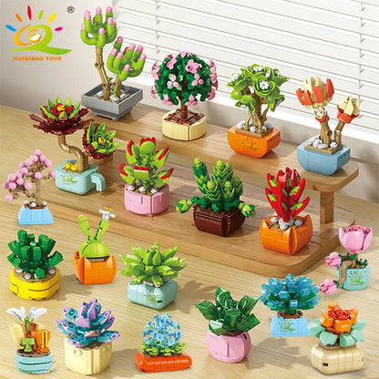 HUIQIBAO MOC Flower & Succulent Potted Building Block Set – DIY Eternal Bouquet, Home Desk Plant Decor, Girls & Kids Toy Gift
