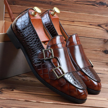 Men's Crocodile Grain Leather Loafers - Buckle Casual Wedding Party Moccasins & Comfortable Driving Flats