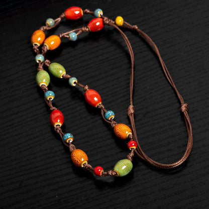 Colorful Handmade Ceramic Jewelry Set - Adjustable Boho Necklace & Bracelet Two-in-One Gift for Women