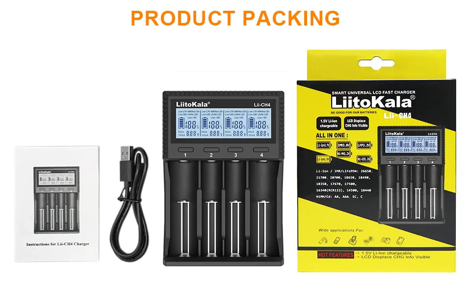 LiitoKala Lii-S8 Lii-S12 CH4 Multi-Function Battery Charger – 18650, 26650, 21700, 26700, AA, AAA Li-ion, NiMH, LiFePO4 Compatible