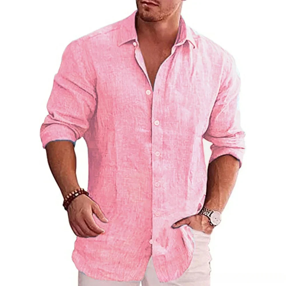 Men’s Cotton Linen Shirt - Long Sleeve Solid Color Casual Plus Size Autumn Top