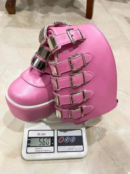 Women’s Gothic Boots – Cosplay High Heel Platform Wedges, Buckle Strap Long Tube Leather Boots, Plus Size Options