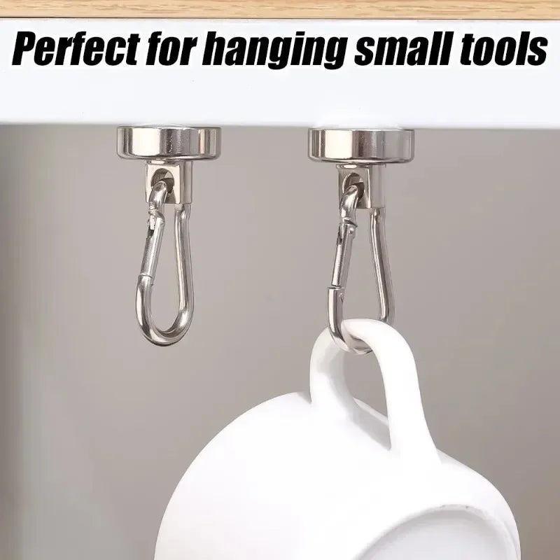4/1pcs Strong Neodymium Magnetic Hooks — 360° Rotating Carabiner Keychain Ring for Home, Kitchen & Bathroom Hanging