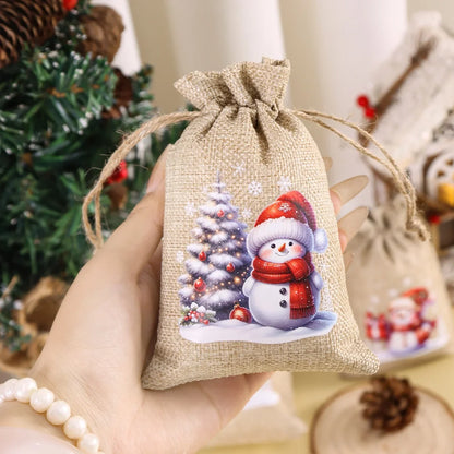 6pcs Christmas Linen Drawstring Gift Bags - Burlap Candy Biscuit Pouches for Holiday Decor & Xmas Gift Packaging