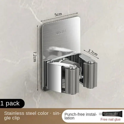 Non-Perforated Stainless Steel Mop Holder — Wall-Mounted Broom & Mop Clamp Hook for Bathroom & Door Storage