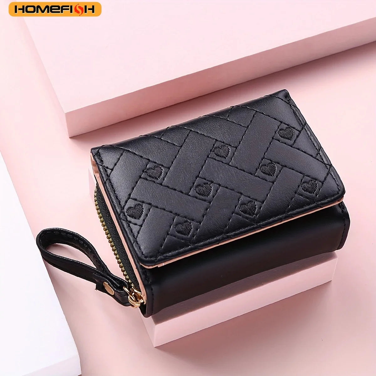 Women’s Mini Wallet - Embroidered Love Pattern Zipper Card Holder with Large Capacity