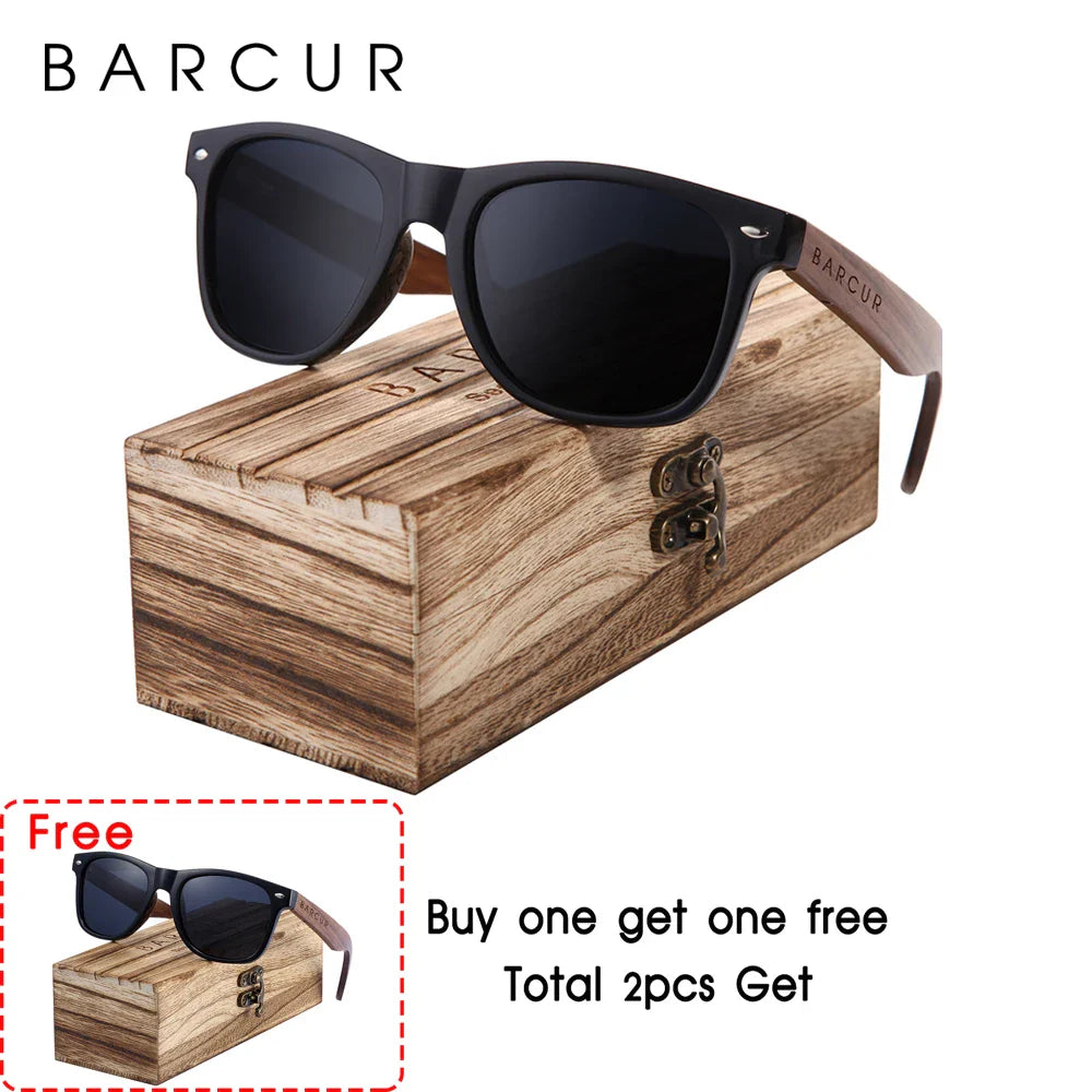 BARCUR Black Walnut Wood Polarized Sunglasses for Men – High-Quality Square UV400 Eyewear with Original Box