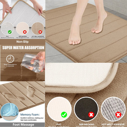 3PC Set Non-Slip Memory Foam Bath Mats - Soft, Water Absorbent, Quick-Dry, Machine Washable Floor Rugs