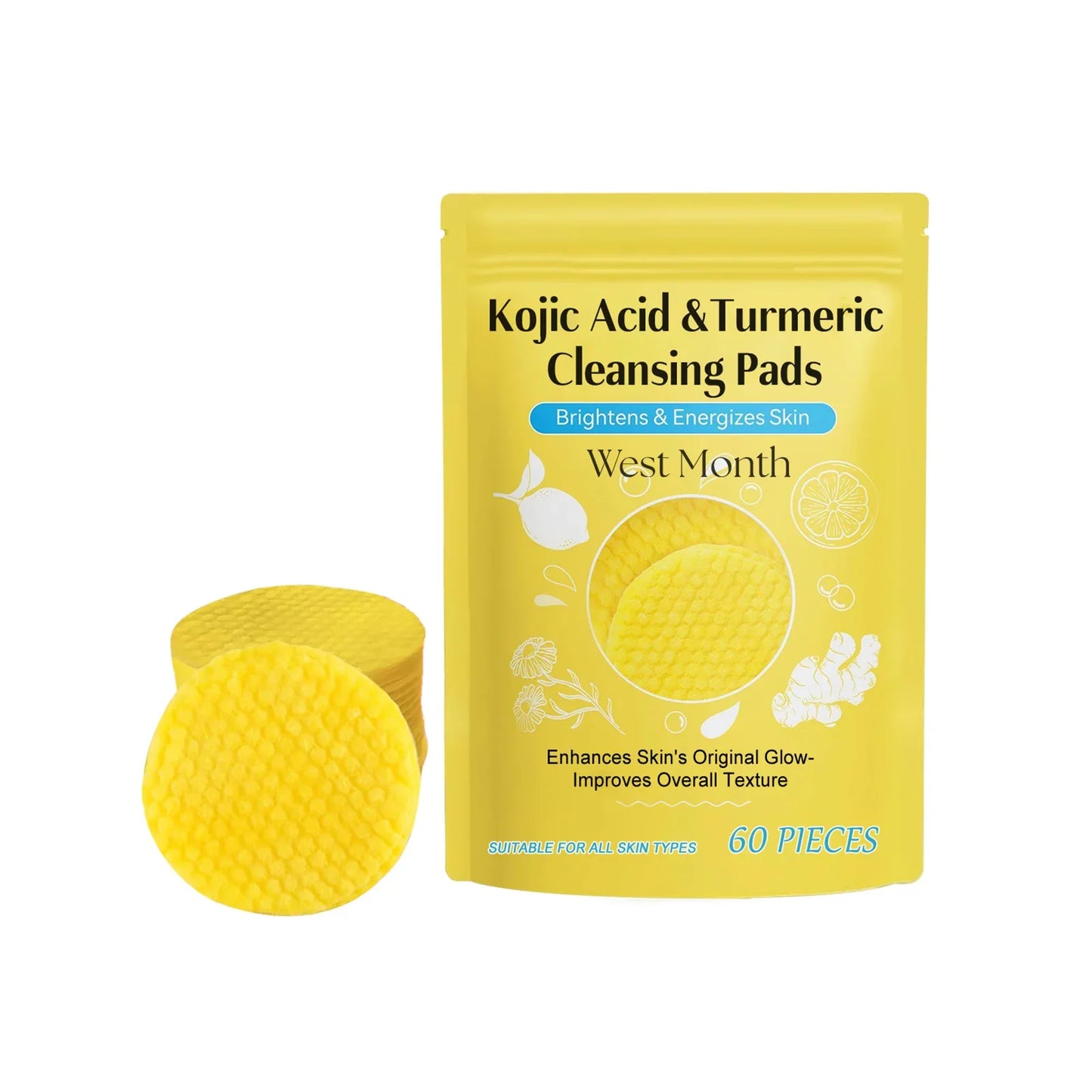 Turmeric and Kojic Acid Cleansing Pads - Exfoliating Facial Sponges for Acne, Dead Skin Removal, Oil Control, and Skin Glow