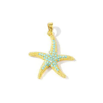 Blue Cubic Zirconia Ocean Charm Pendant Set – 18K Gold Plated Starfish, Mermaid & Conch DIY Necklace Jewelry