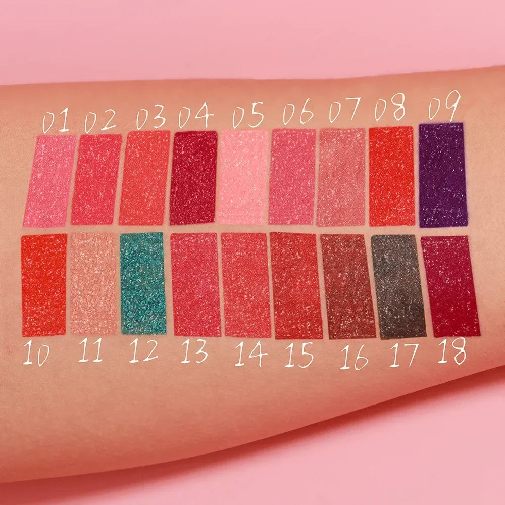 18-Color Sexy Red Diamond Glitter Lip Gloss – Metallic, Waterproof, Long-Lasting Matte Shimmer Liquid Lipstick for Women