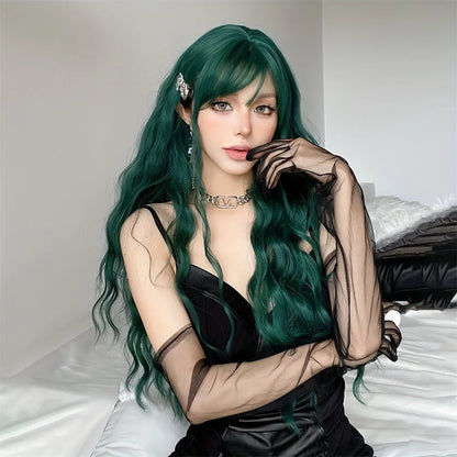 Light Green Long Wavy Synthetic Wig with Bangs – Blackish Green Cosplay & Lolita Style, Heat-Resistant for Women