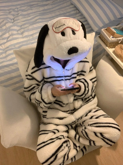 Halloween Snoopy Flannel Pajamas – Hooded Kawaii Anime Cartoon Pajamas for Kids & Adults, Cozy Autumn Homewear